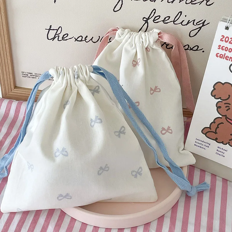 Pink Blue Bow Pattern Cotton Drawstring Pouch Soft Fabric Wash Bag Multi-size Sundries Storage Bag for Student Daily Travel Use