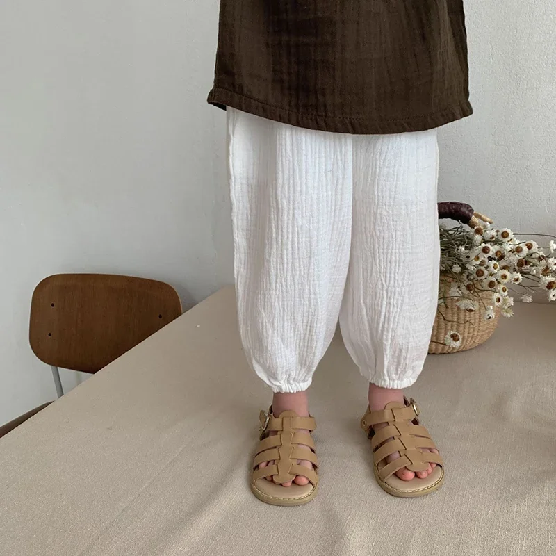 100% Cotton Double Gauze Children\'s Trousers Spring Summer New Boys And Girls Casual Japanese Solid Pants Baby Bloomers WTP110