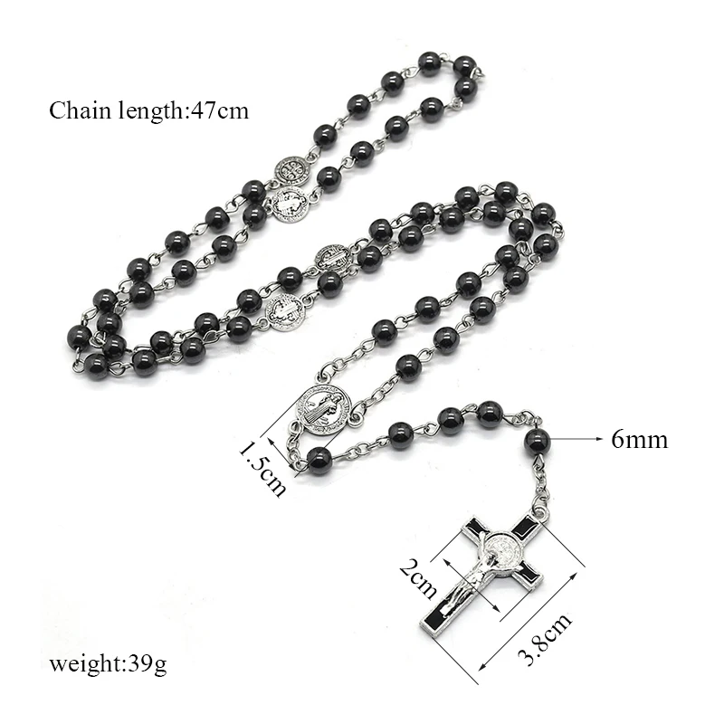 Retro Religion Belief Catholic Cross St. Benedict Black Gallstone  Prayer Rosary Pendant Necklace Men Accessories Jewelry Gift