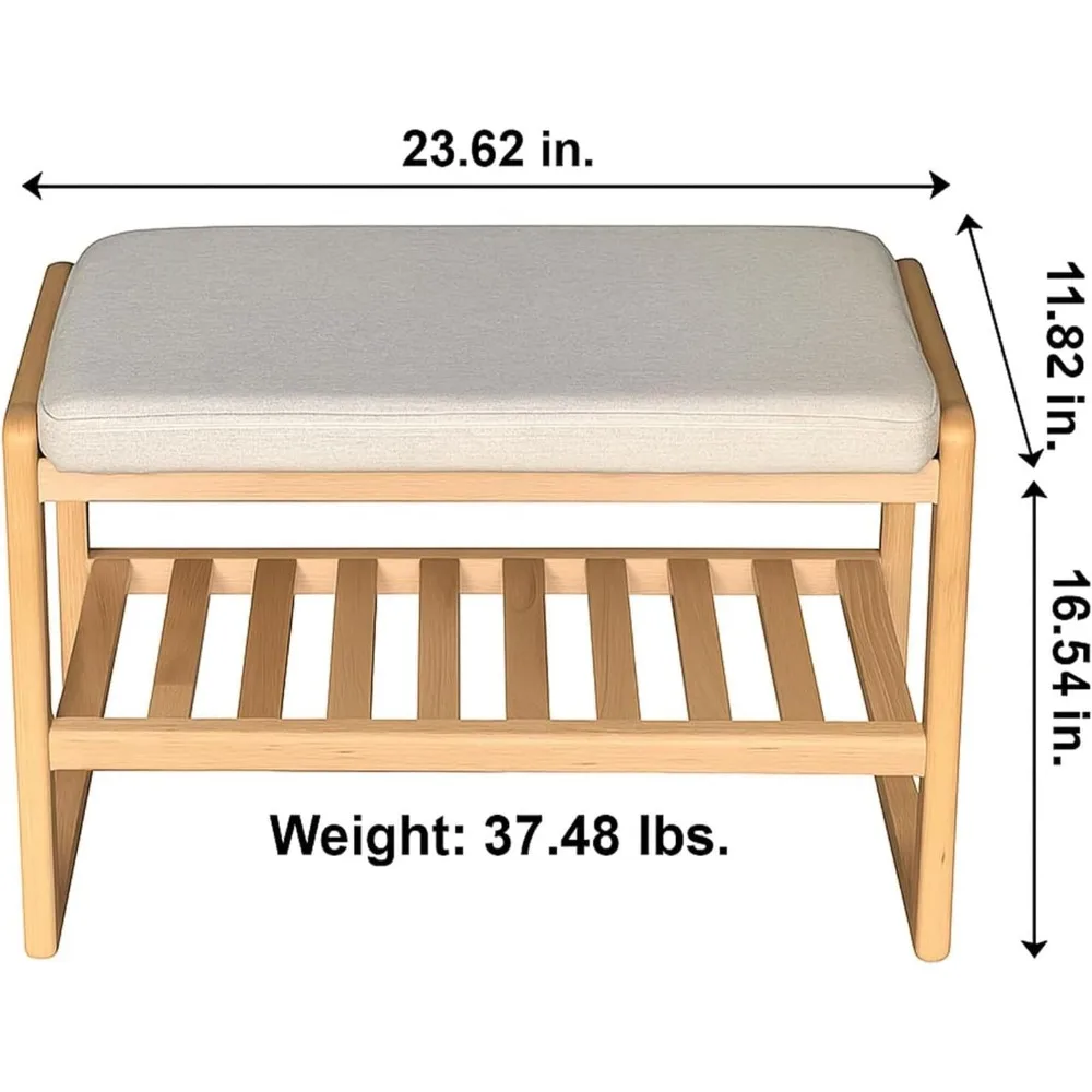 مقعد المدخل مع وسادة، رف أحذية من الخشب الصلب بطبقتين مع مقعد من إسفنج الذاكرة، مقعد تخزين منجد باللون البيج للممر، لا #2