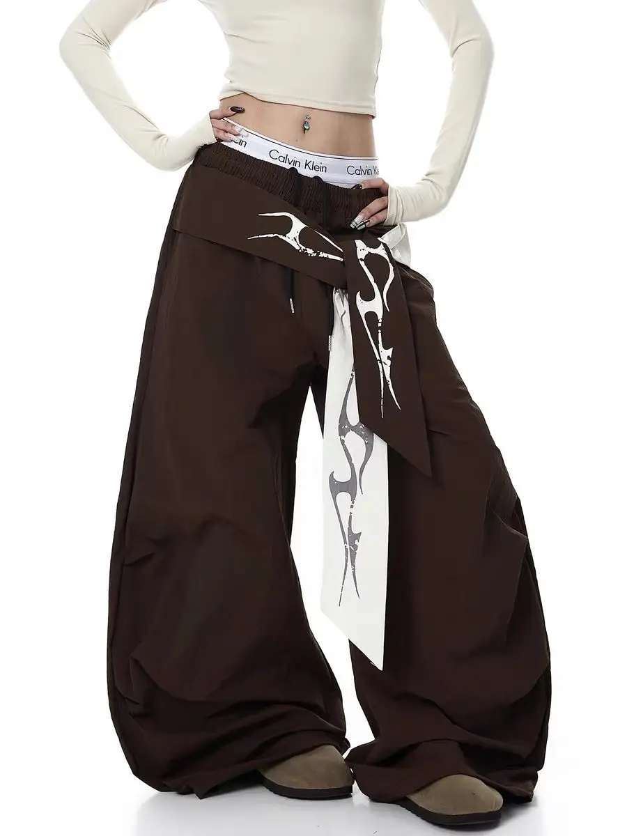 Women's Flame Printed Strap Design Pants Hip-hop Vintage Sports Wide-leg Bottoms High-waisted Trousers Female Summer Sweatpants