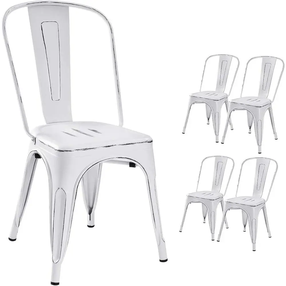 Metal Indoor-Outdoor Chairs Distred Style Kitchen Dining Chairs Stackable Side Chair with Back Set o 4 (White)