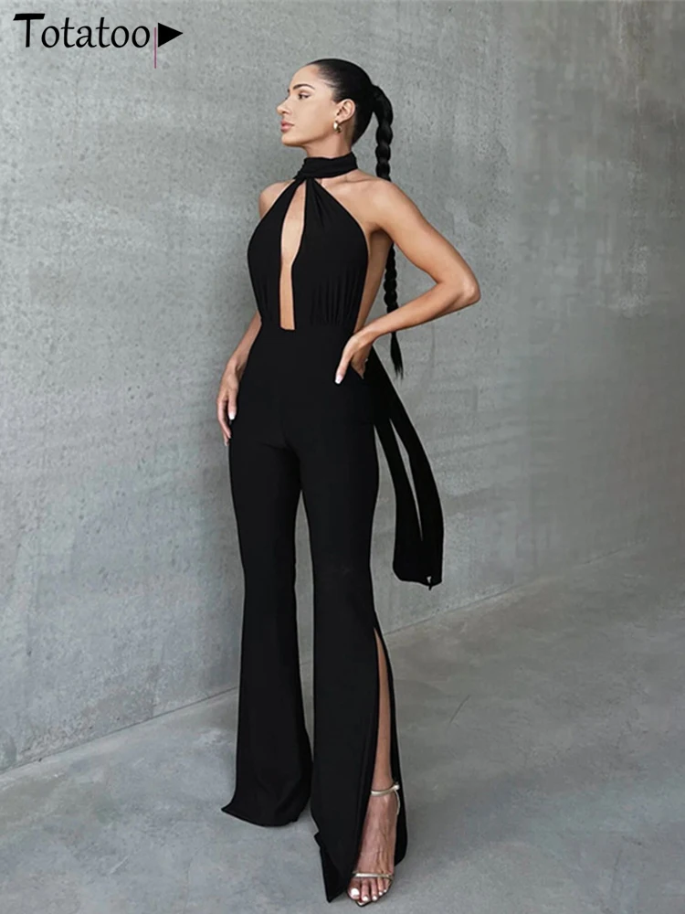 Totatoop Sexy Deep V Neck Wrap Round Halter Bandage Jumpsuit For Women 2024 Summer Backless Side Split Flare Pants Rompers Black