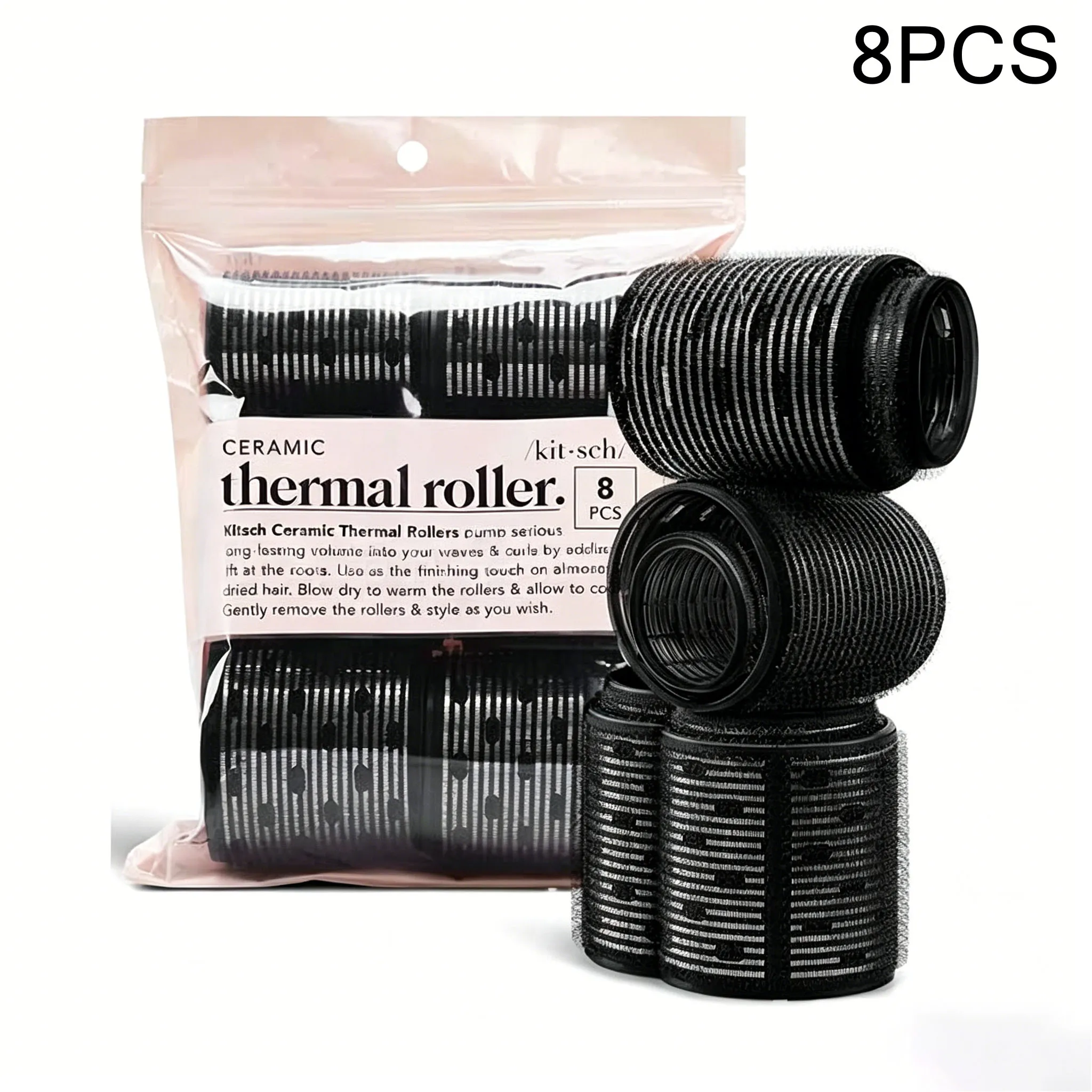 8-Piece Ceramic Hot Rollers Set for Long Hair Bouncy Curls Curling Irons Hair Rollers with Ceramic Coated Core Black