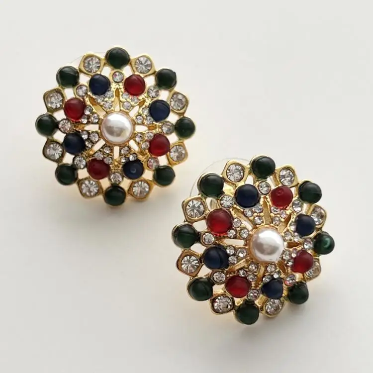 European and American retro colorful millet beads inlaid with zircon hollow earrings