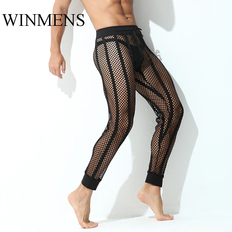 Erwachsene Herren Pyjamahose Ausschnitte Fischnetz Atmungsaktive Schlafhose Mesh Sehen Sie innen Sexy Fitness Bodybuilding Home Lounge Wear