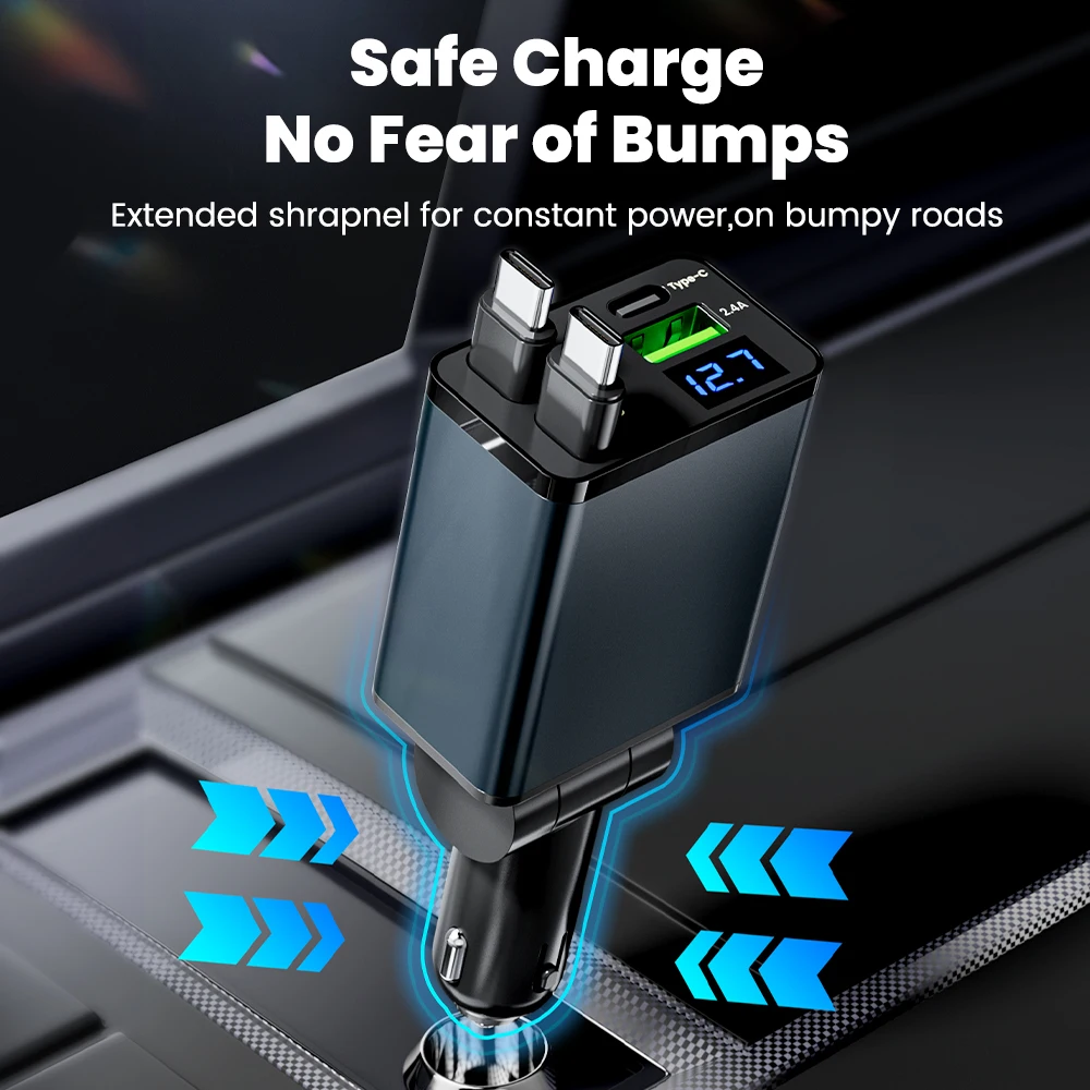 شاحن سيارة 4 في 1 مع كابل مزدوج من النوع C قابل للسحب، شاحن سيارة USB من النوع C، محول شاحن هاتف السيارة لهاتف آيفون وسامسونج وشاومي #2