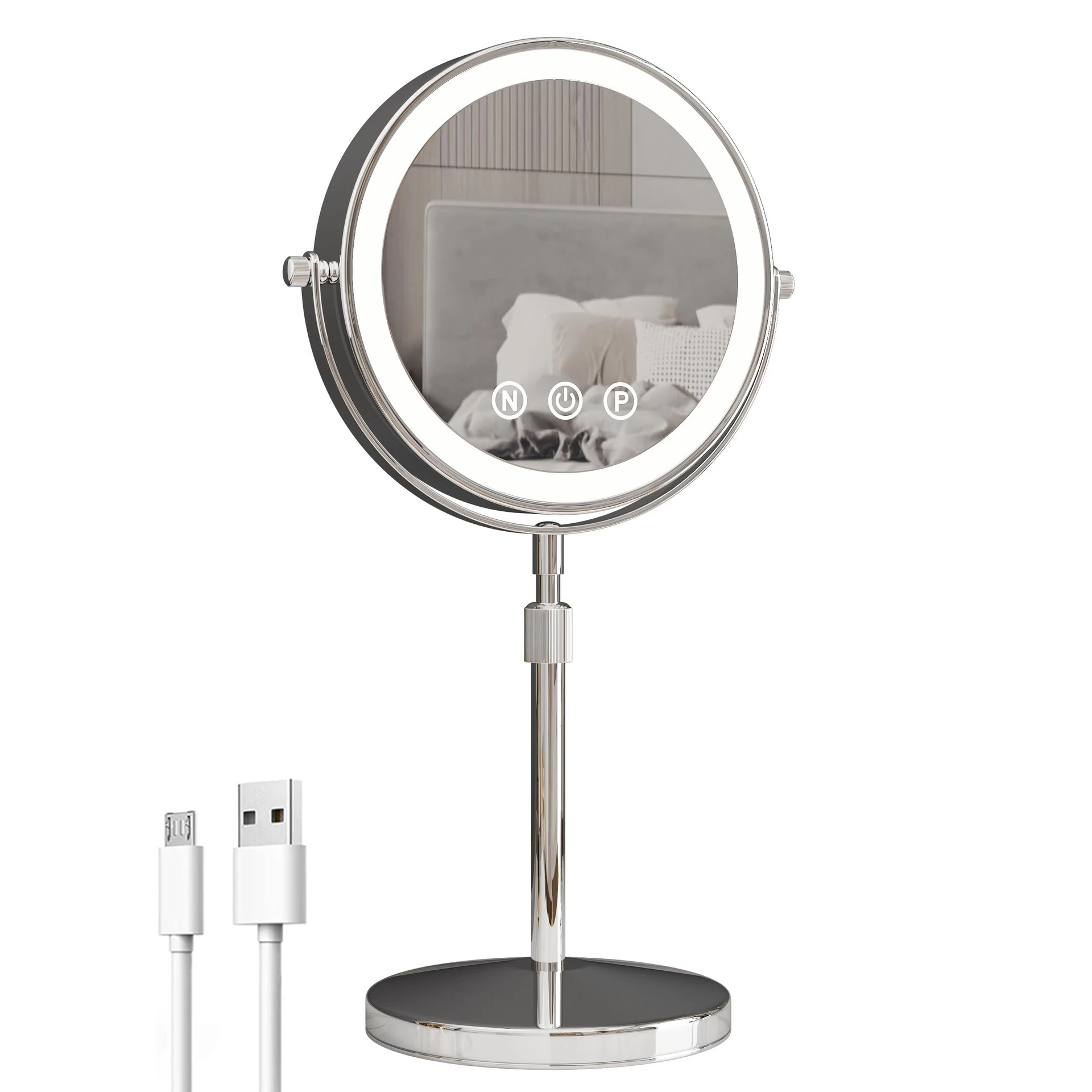 9 Inch 360 Degrees Bedroom Or Bathroom Table Lifting Makeup Mirror, 3x Magnifying Double Mirror With Led Light Cosmetic Mirror