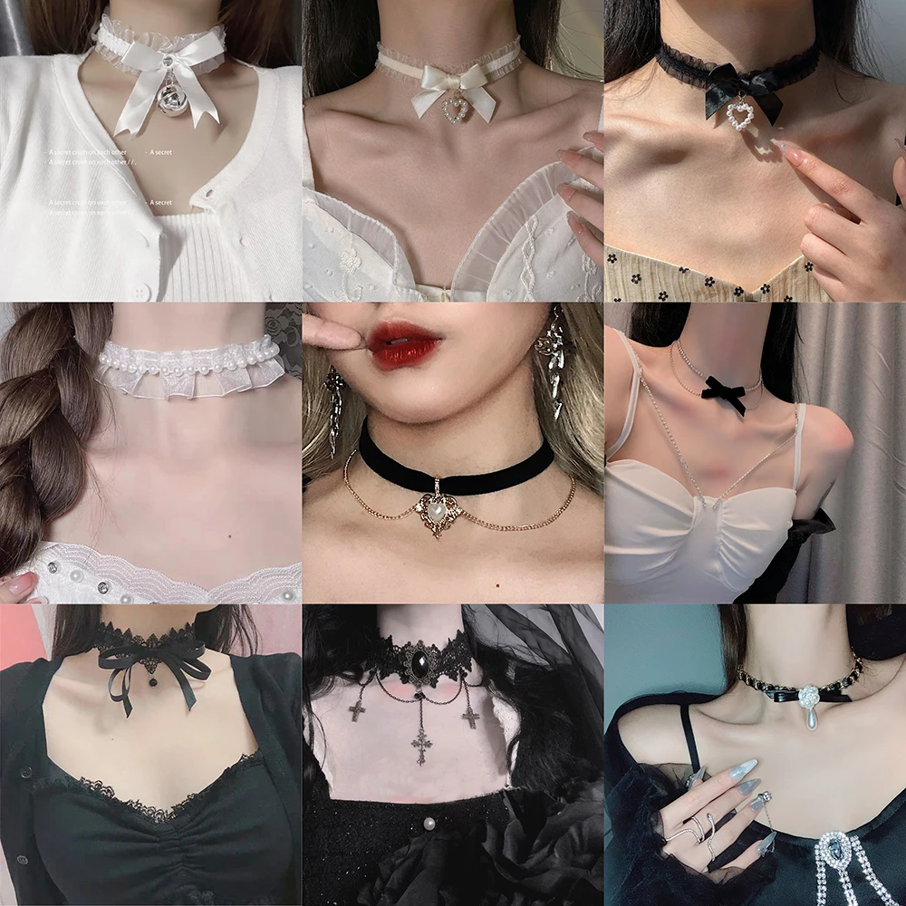 Women\'s Gothic Lace Choker Necklace Retro White Velvet Clavicle Chain Punk Collar Choker Steampunk Party Halloween Jewelry Gift