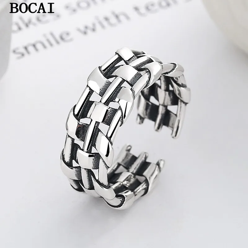 

BOCAI S925 Sterling Silver Trendy Exaggerated Versatile Neutral Style Geometric Woven Design Open Ring