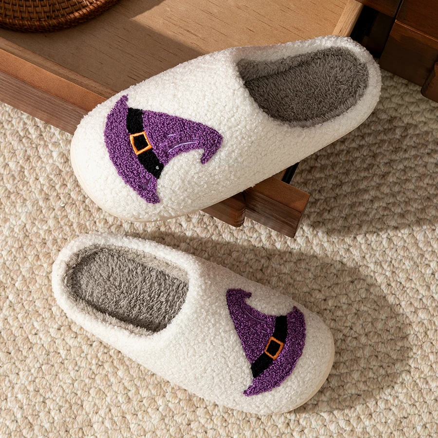 Halloween Purple Witch Hat Elegant Women Slippers Indoor Anti-slip Soft Comfy Slipper Couple Winter Warm Party Funny Plush Shoes