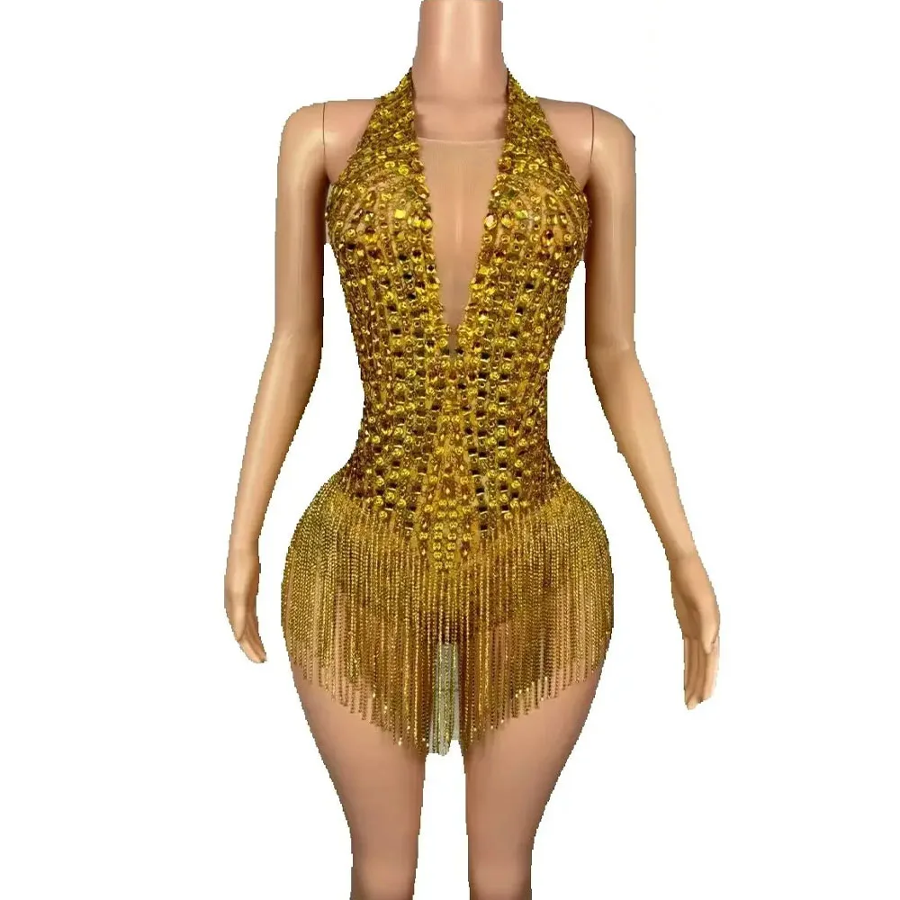 Women Luxury Sparkly Gold Rhinestones Chain Tassel Bodysuit Sexy V Neck Dance Costume Dancer Performance Stage Photoshoot Wear