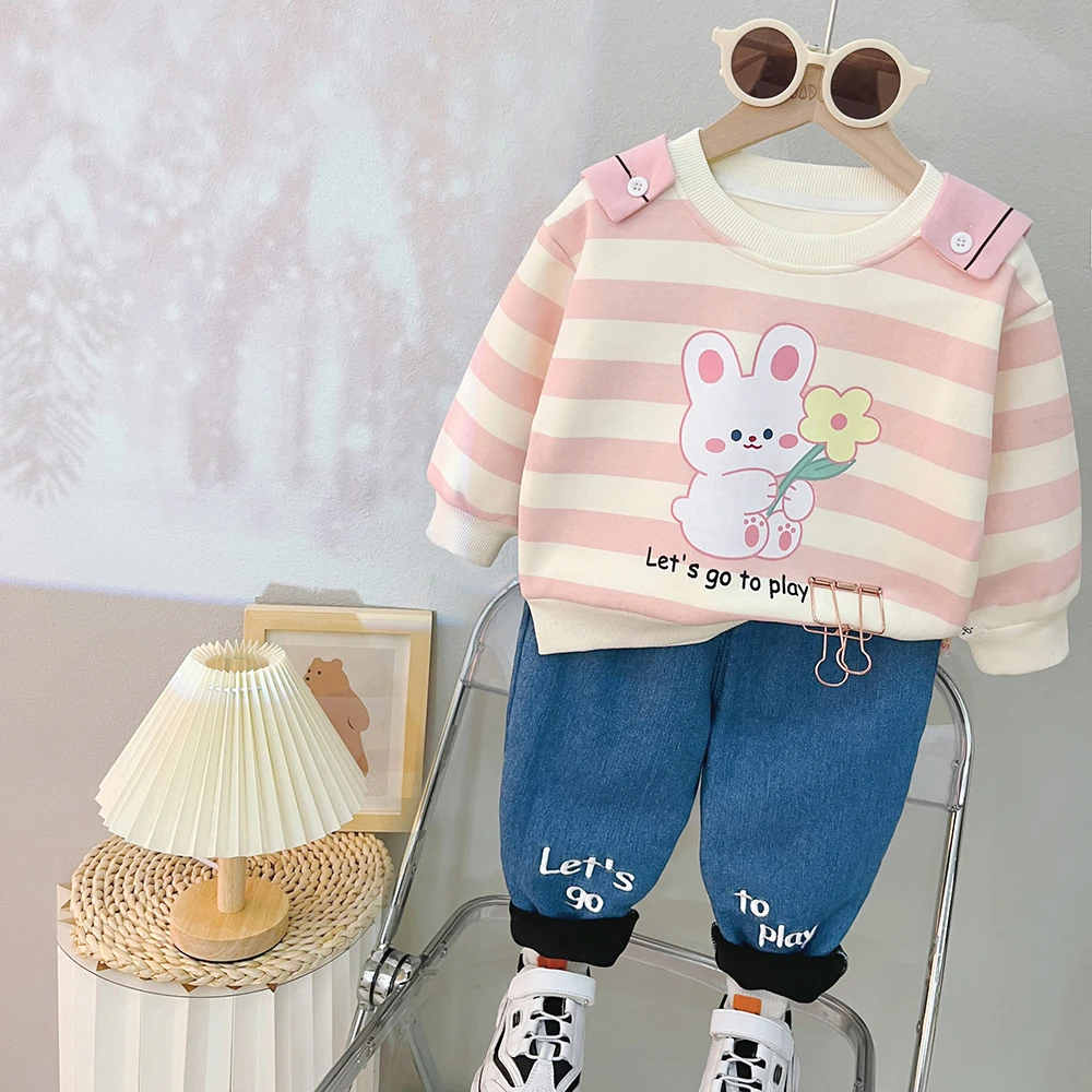 

Children Clothing Sets for Baby Girls Boys Stripe Plush Sweatshirt Jeans Kids Tracksuit Autumn Winter Infant Clothes Outfits