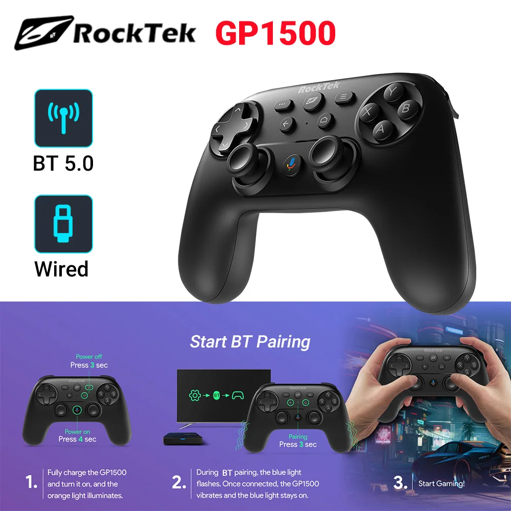 RockTek GP1500 Gamepad with BT and Wired Dual Mode Force Feedback Working with Google Certificated Box TV Stick Dongle Support