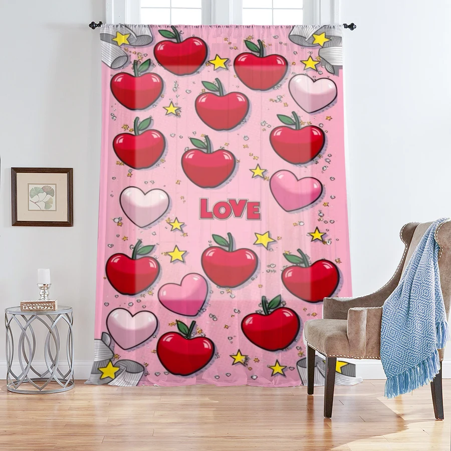 1PC Pink Red Apple Love Heart Sheer Curtain Valentine Romantic Window Drape Light Filtering for Bedroom Living Room Home Decor