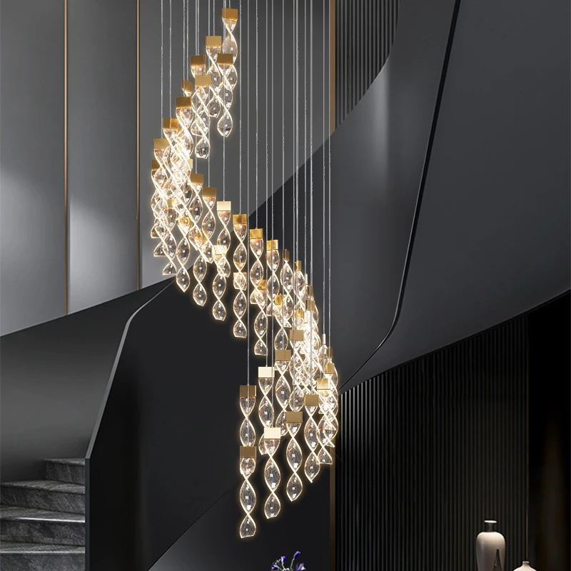 Light luxury art hotel lobby bar counter villa living room loft apartment duplex building staircase lamp chandelier