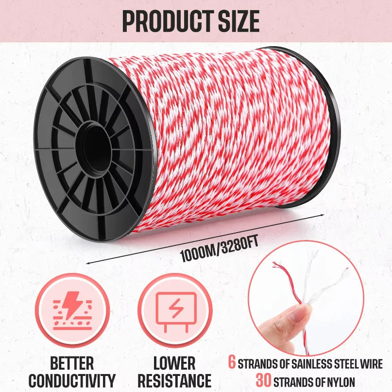 200M Roll Electric Fence Rope Polywire with Steel Poly Rope for Horse Animal Fencing Ultra Low Resistance Wire and Accessory