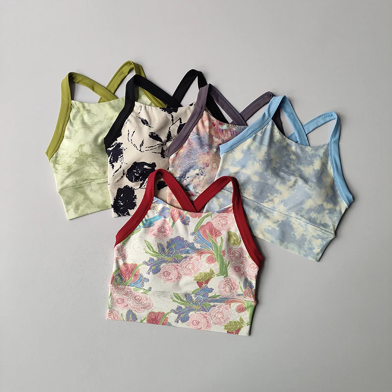 New High-end Yoga Lingerie Women's One-piece Fixed Cup Shock-proof Underwear Gathering Sexy Printed Wide Shoulder Strap Bra