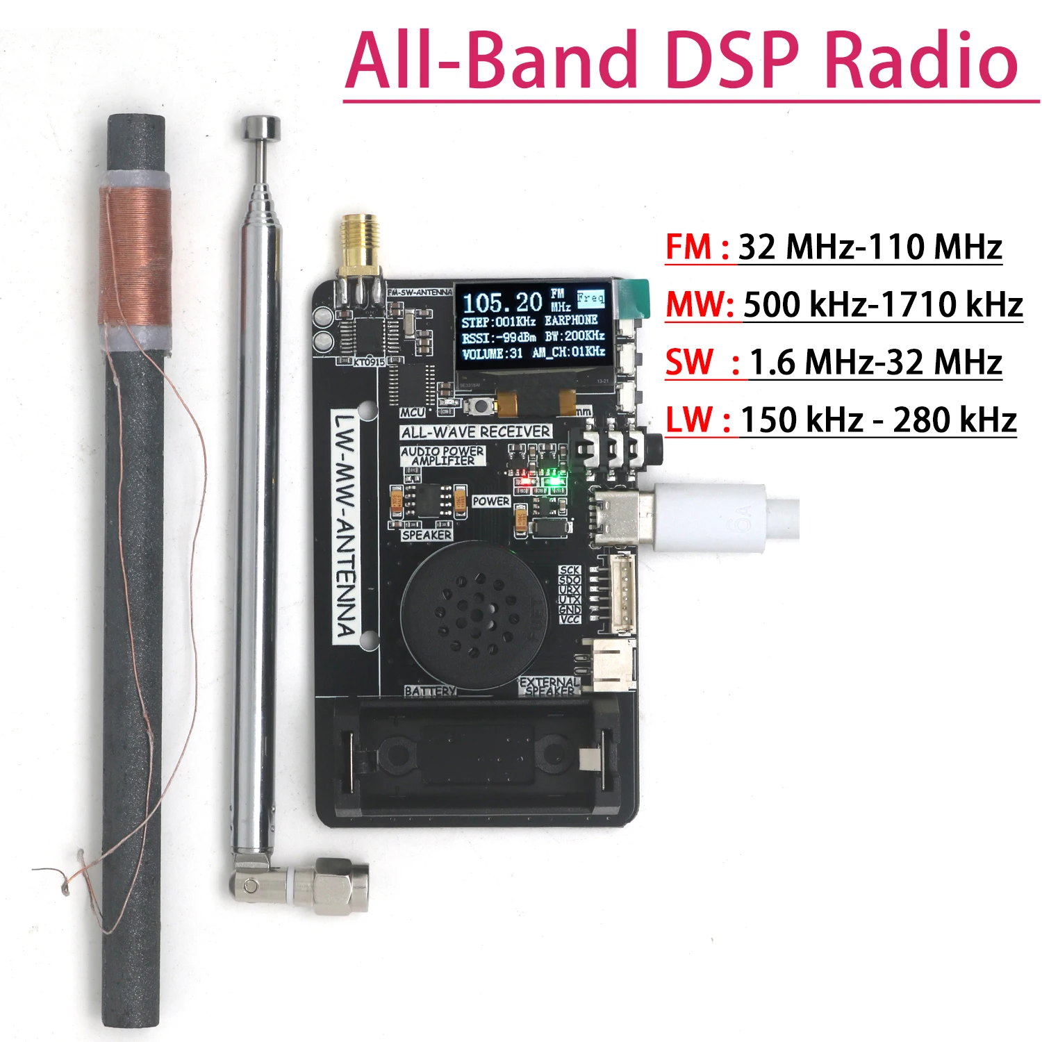 KT0915 DSP Radio All-band Receiver FM AM LW MW SW Digital Signal Processor w Antenna Medium Wave Shortwave Radio Transceiver