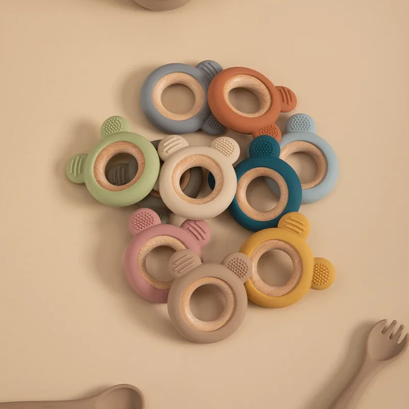 1PC Baby Silicone Wooden Teether Ring Cute Bear Newborn Nursing Teething Toys Infant Health Care Chewing Toy Baby Accessories