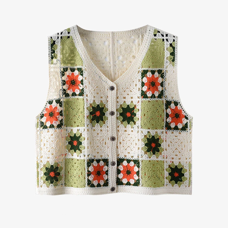 Granny Square Crochet Top Sleeveless V-Neck Button Front Tank Top Blouse Cardigan Women Summer Fairycore Cottagecore Outfit