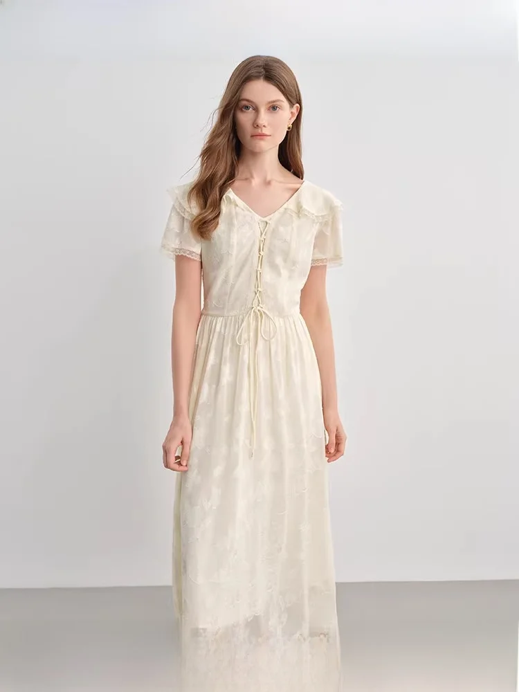 

Женское летнее платье большого размера с V-образным вырезом, цветочной вышивкой, пышными рукавами и эффектом утяжки талии на шнурке