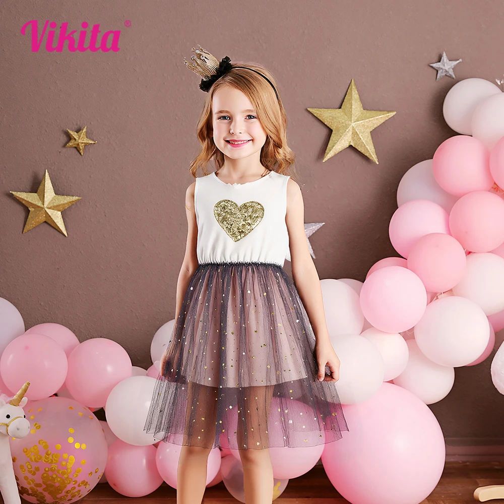 VIKITA Kids Heart Shape Sequined Party Dress Kids Sleeveless Summer Dress Infantil Vestidos Casual Daily Mesh Princess Dresses