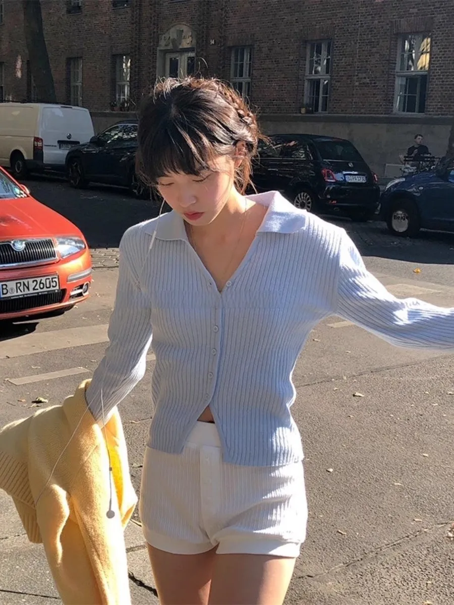 سترة علوية محبوكة مضلعة من Street Sle النسخة الكورية باللون الأزرق الحليبي على شكل حرف V سترة علوية غير رسمية للتخسيس وياقة قلابة طويلة Sve تريكو #1