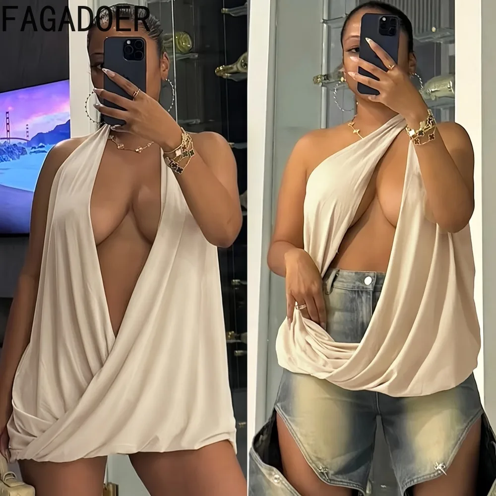

FAGADOER Spring New Sexy Solid Color Bodycon T-shirt for Woman Halter Deep V-neck Backless Crop Top Female Streetwear Clothing