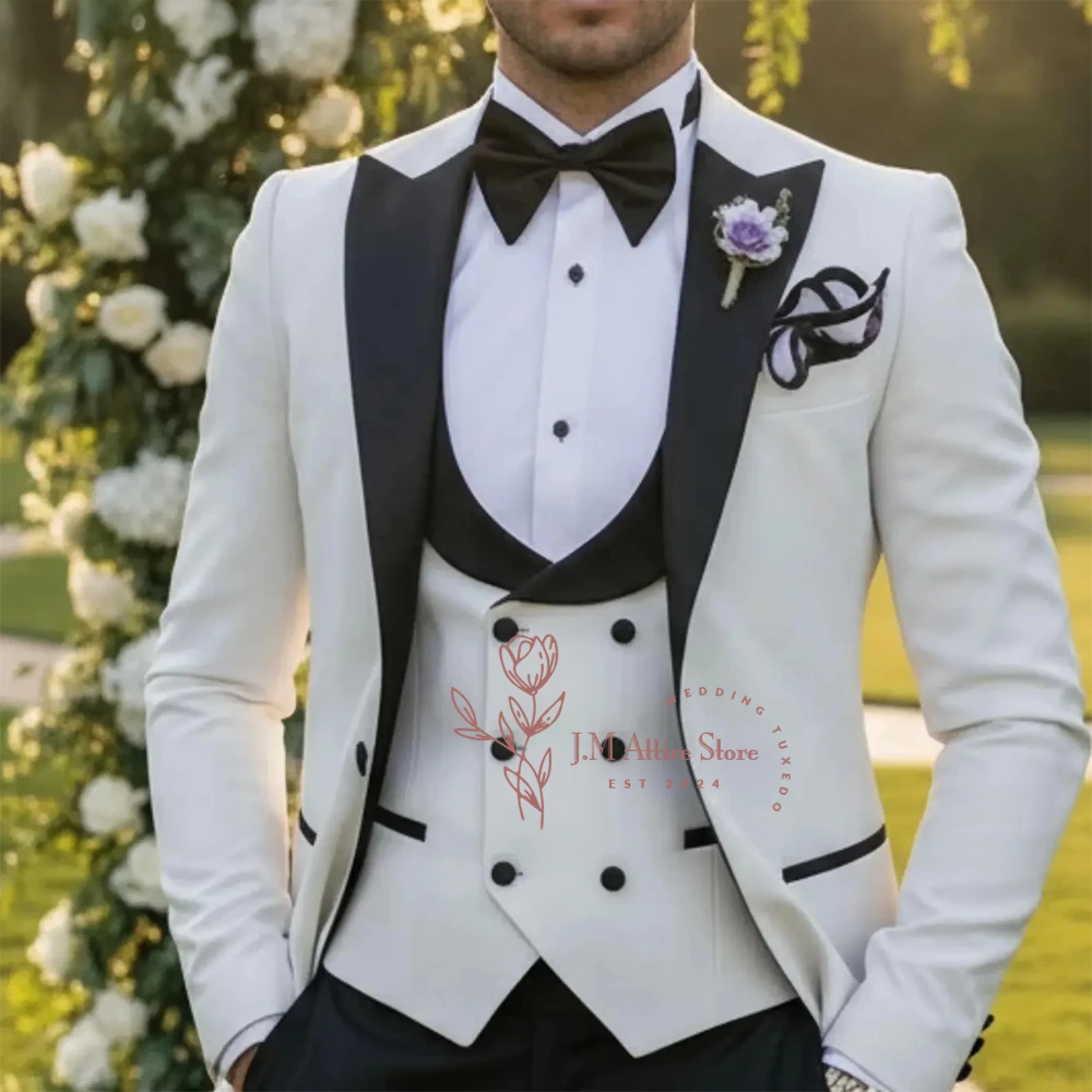 Traje de 3 Piezas Blanco para Hombre, Esmoquin con Solapa Negra y Corbata de Moño, Chaqueta, Chaleco y Pantalones, Corte Entallado Personalizado para Boda, Novio, Fiesta de Graduación