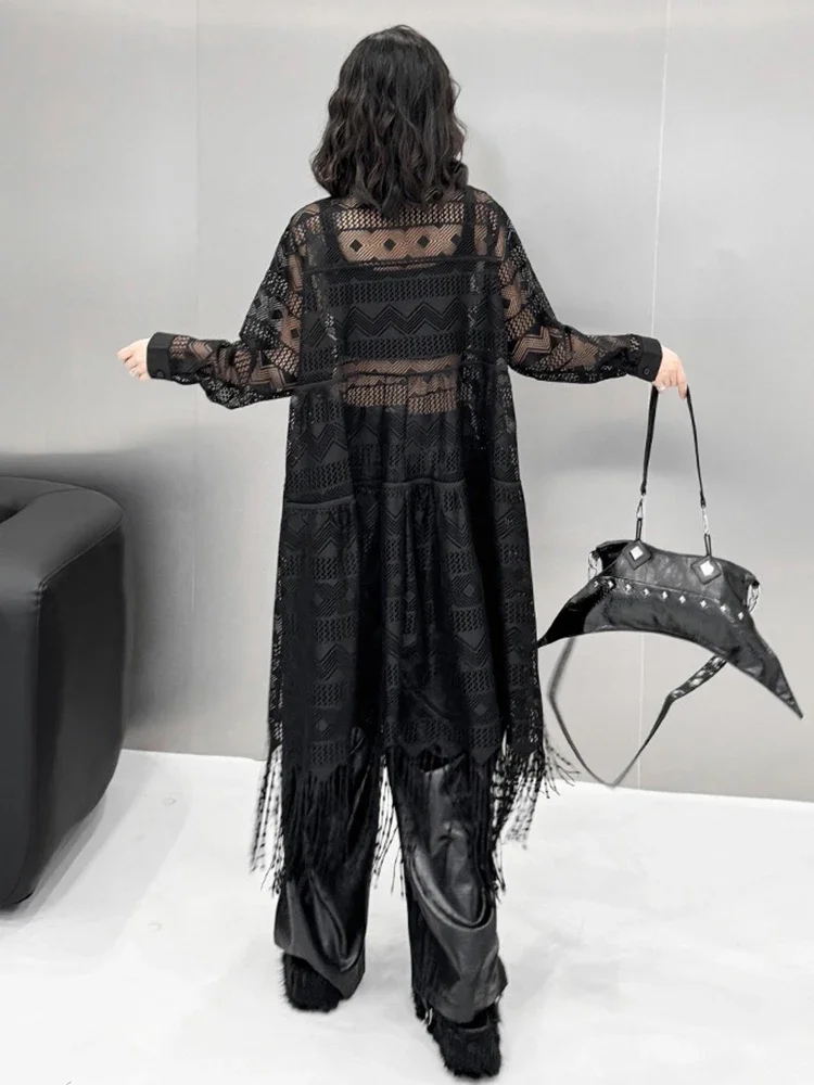 XITAO Casual Hollow Out Lace Black Mid-calf Dress Hong Kong New A-line Full Sleeve Loose Tassel Autumn Women Dress ZYY1117