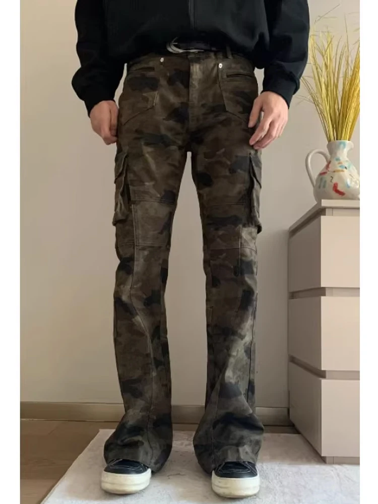 American Retro Camouflage Work Pants Men's Autumn High Street Cleanfit Bell Bot Jeans Multiple kets Youthful Sle