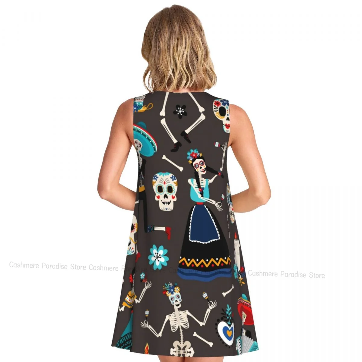 2025 Women's clothing Dresses Skeletons With Roses Day Of The Dead Round Neck Sleeveless Length Dress