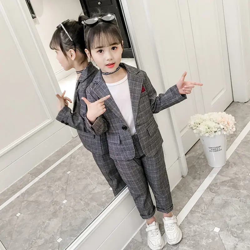 

Fashion Wedding Kids Suit for Girls Formal Pant Suits for Teenagers 2PCS Blazer Set Brand Plaid Children Blazer 4 5 7 9 11 13T