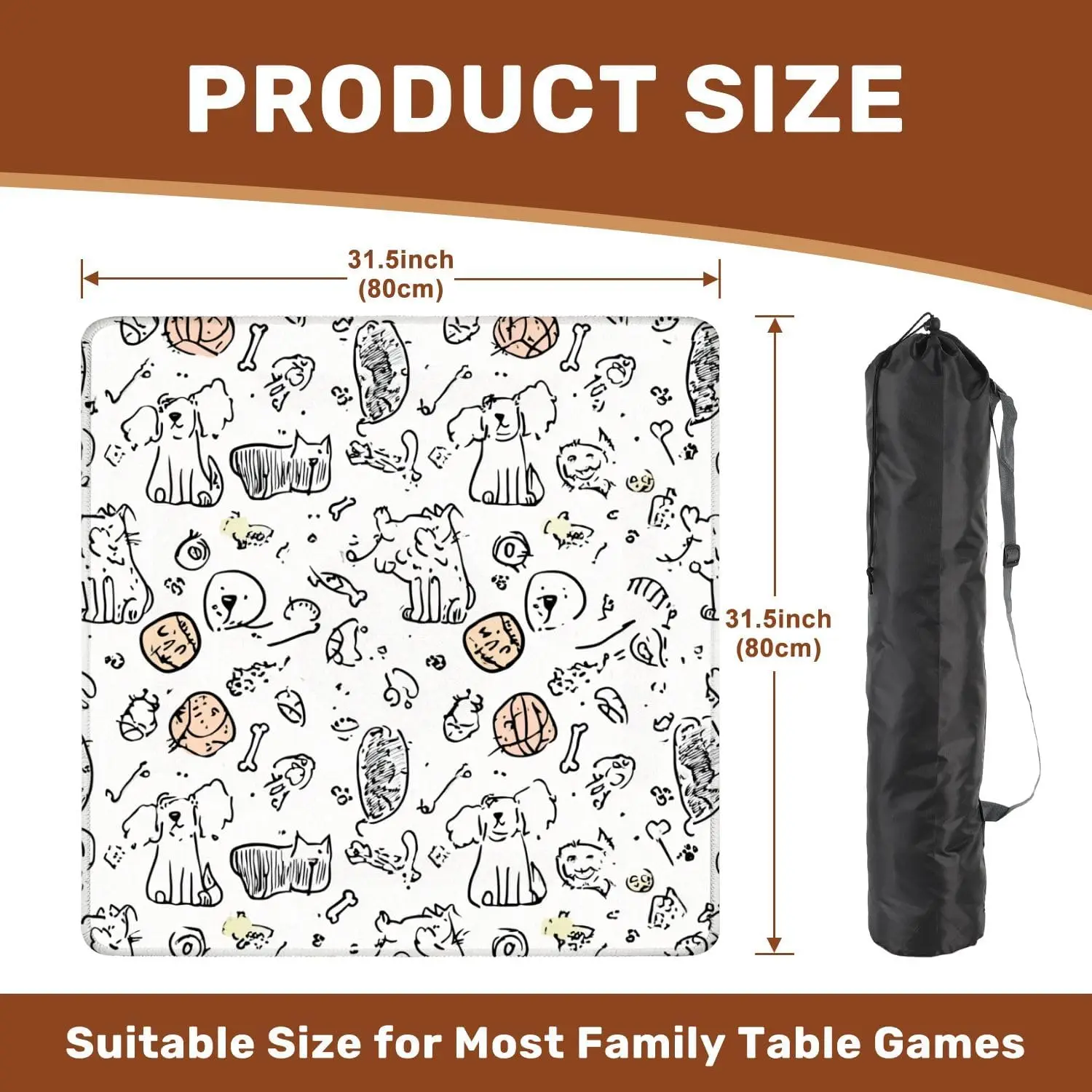 3mm Neoprene Luxury Mahjong Mat 31.5 Inch Black White Doodle Cat Dog Pet Print Non Slip Noise Reduction for Board Games