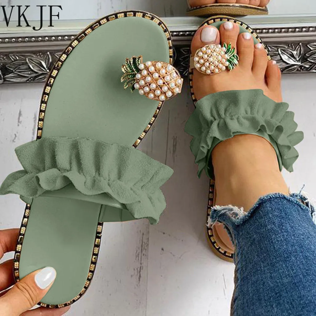 2022 Women Slipper Pineapple Pearl Flat Toe Bohemian Summer Beach Sandals Ladies Shoes plus size Mujer Verano