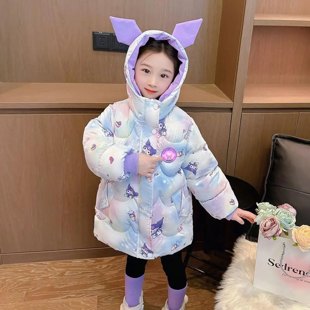 

Anime Sanrios Kuromi Winter Jacket for Kids Coats Kawaii High-Quality Princess Girls Down Coat Long Cotton Jacket Korean Style