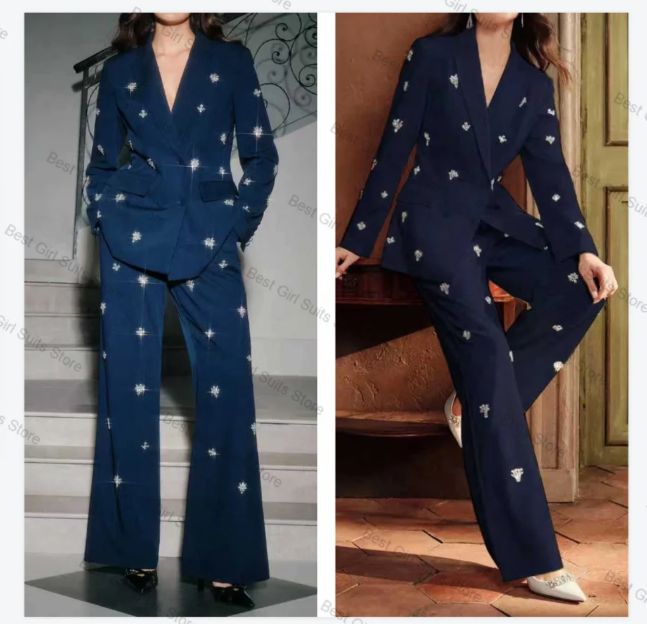 Luxury Crystals Women Suit Set 2 Piece Blazer+Pants Trousers Beaded Formal Office Lady Jacket Customized Cotton Wedding Coat