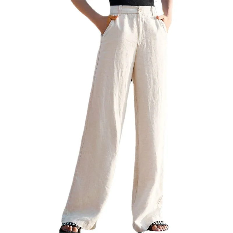 Summer Cotton Linen Pants Women Elegant High Waist White Wide Leg Pants Woman Casual Loose Straight Full Trousers Female