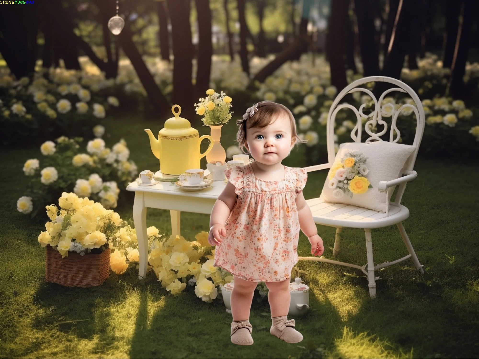 الربيع الشاي حزب خلفيات للتصوير الفوتوغرافي الرقمية مزينة بالبالونات قوس قزح الحيوانات الأطفال عيد ميلاد صورة خلفية VN-01