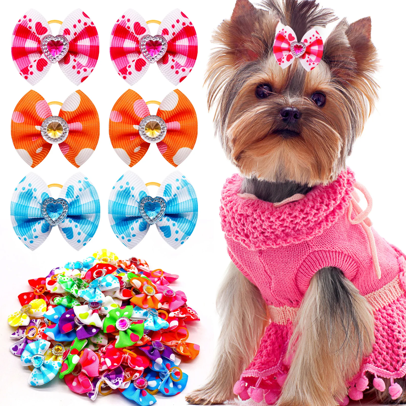 20pcs Dog Grooming Bows Mix Plaid Dot Cat Dog Hair Bows Dog Hair Rubber Bands Small Dog Grooming Accessories Pet Supplier