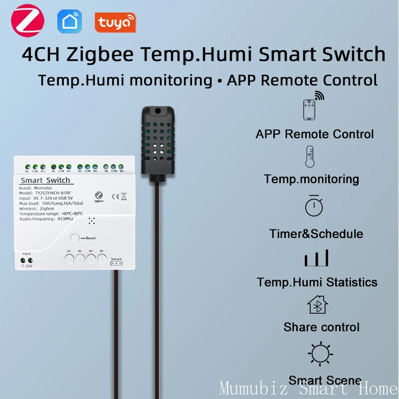 Tuya Smart TH10 Zigbee 4-kanałowy przełącznik z czujnikiem temperatury i wilgotności Pasywny przekaźnik Zigbee z suchym stykiem Praca z Alexą