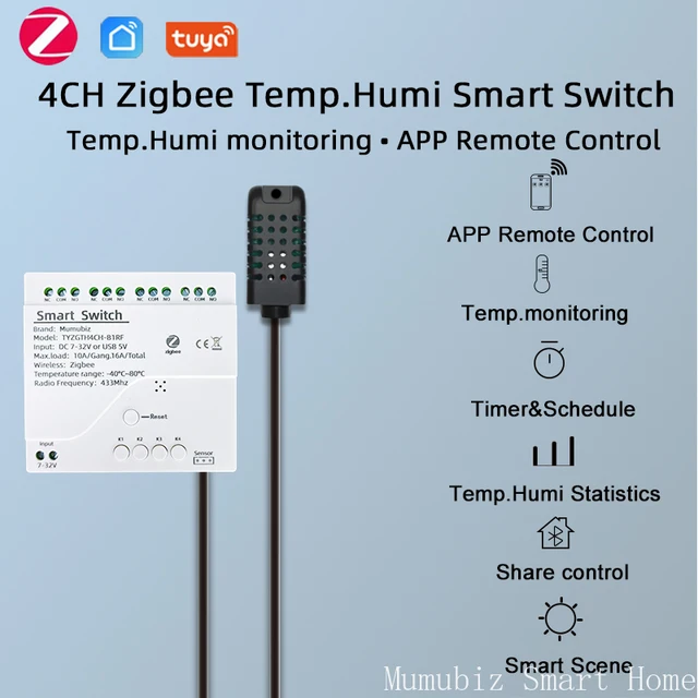 Tuya Smart TH10 Zigbee 4-kanałowy przełącznik z czujnikiem temperatury i wilgotności Pasywny przekaźnik Zigbee z suchym stykiem Praca z Alexą