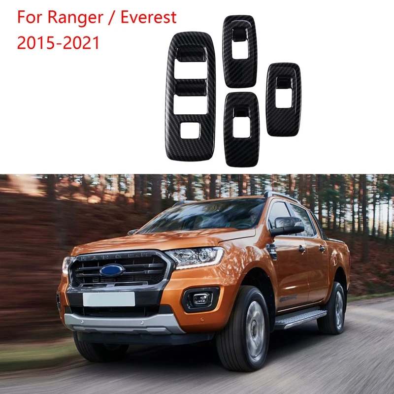 Painel de fibra de carbono interruptor de elevador da janela capa guarnição proteção de braço da porta interna para ford ranger/everest 2015-2021