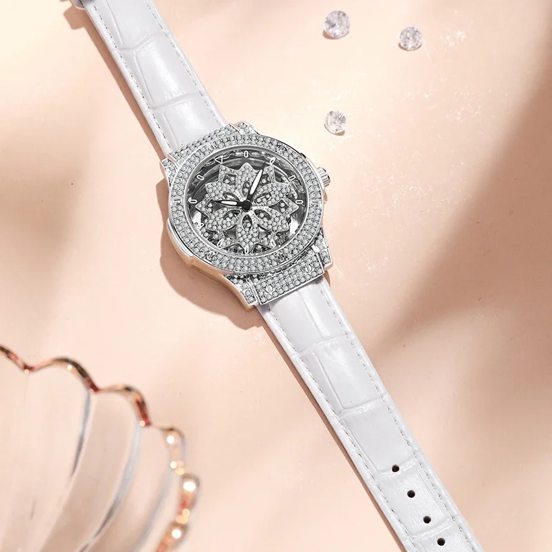 Watch for Women Luxury Diamond Quartz Watch 360 Degrees Rotary Star Hollow Ladies Watches Full Diamond Watch for Women