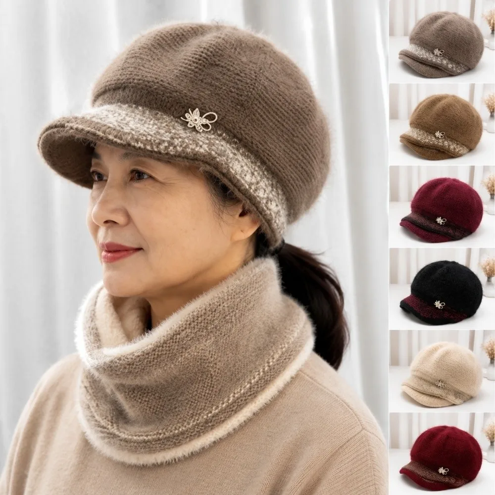 Fashion Thickened Middle-aged Mother's Hat Windproof Keep Warm Knitted Woolen Hat Fleece Lined Ear Protection Hat Winter