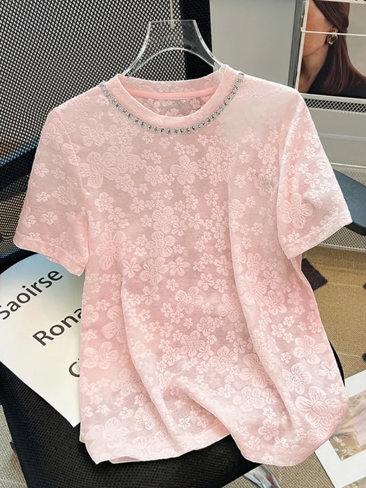 

Summer 2025 Women's Loose Fit round Ne ort Sve T-irt Embroidered Floral Design Diamond Studded Casual Top