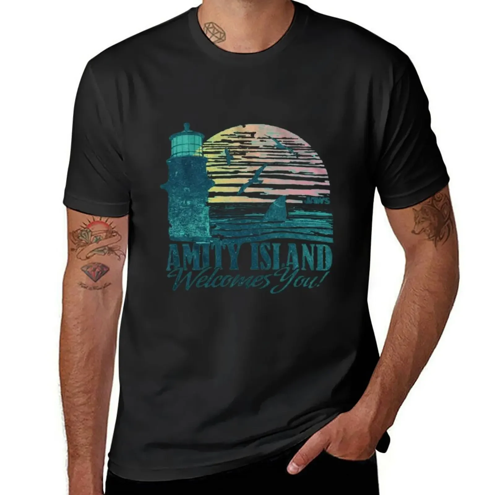 Amity island - welcomes you - Funny T-Shirt anime cotton graphic tees boys whites compression shirt men