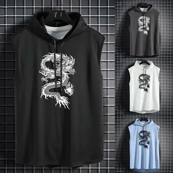 Men's Dragon Print Workout Hoodie Tank Top Sleeveless Hooded Cut Off Shirt Bodybuilding Muscle T Shirts