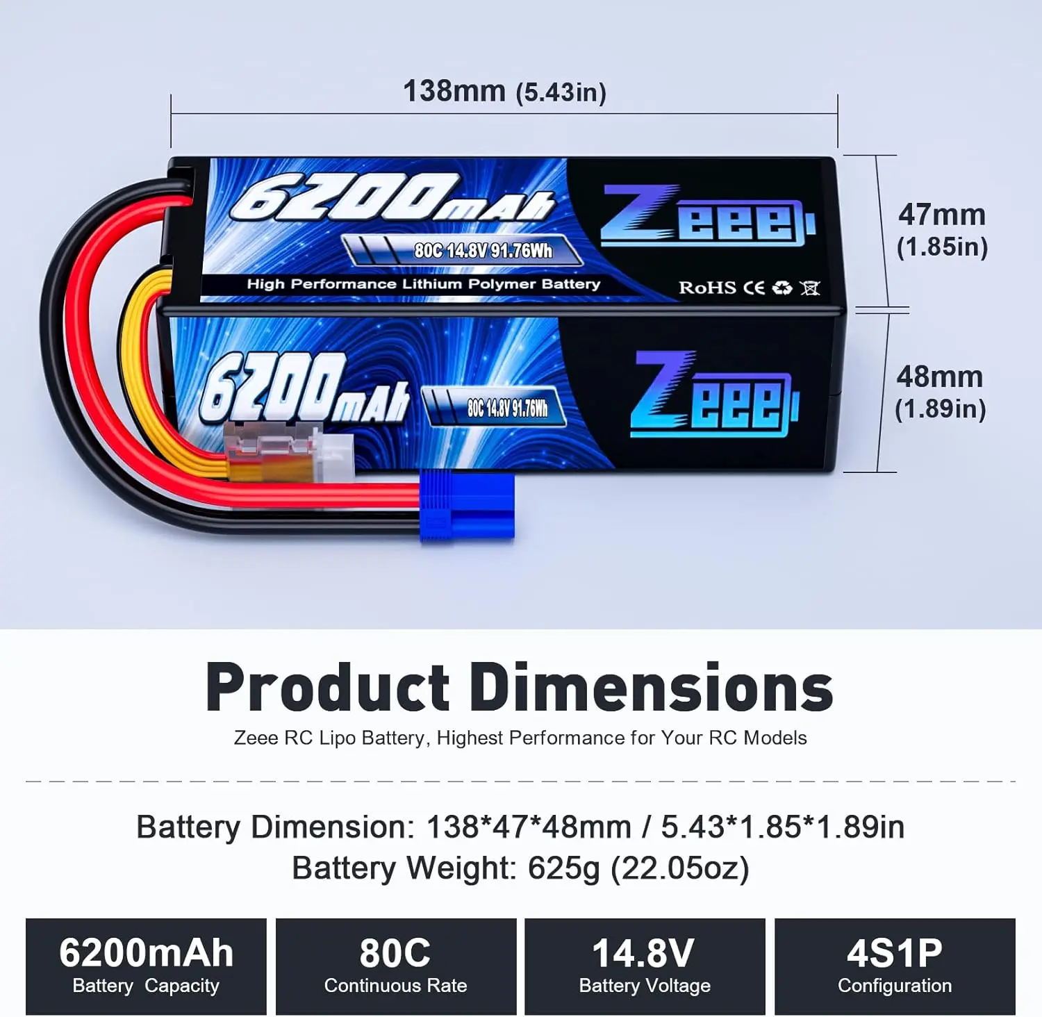 Zeee 4S 6200mAh Lipo Battery for RC Car 14.8V 80C Hardcase with EC5 Plug for FPV Drone Buggy Truggy Racing Hobby RC Model Parts